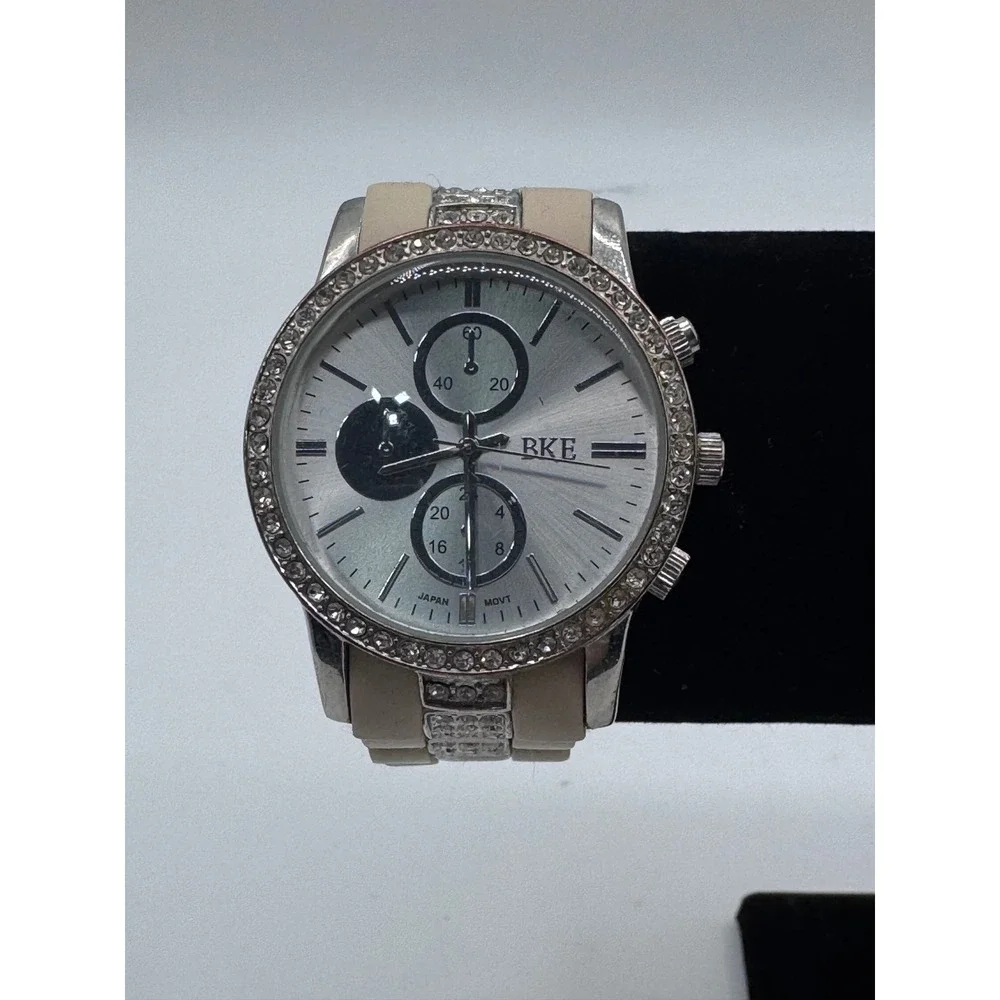 BKE Silver Tone Rhinestone Chronograph Watch Japan Movt Needs Battery‎